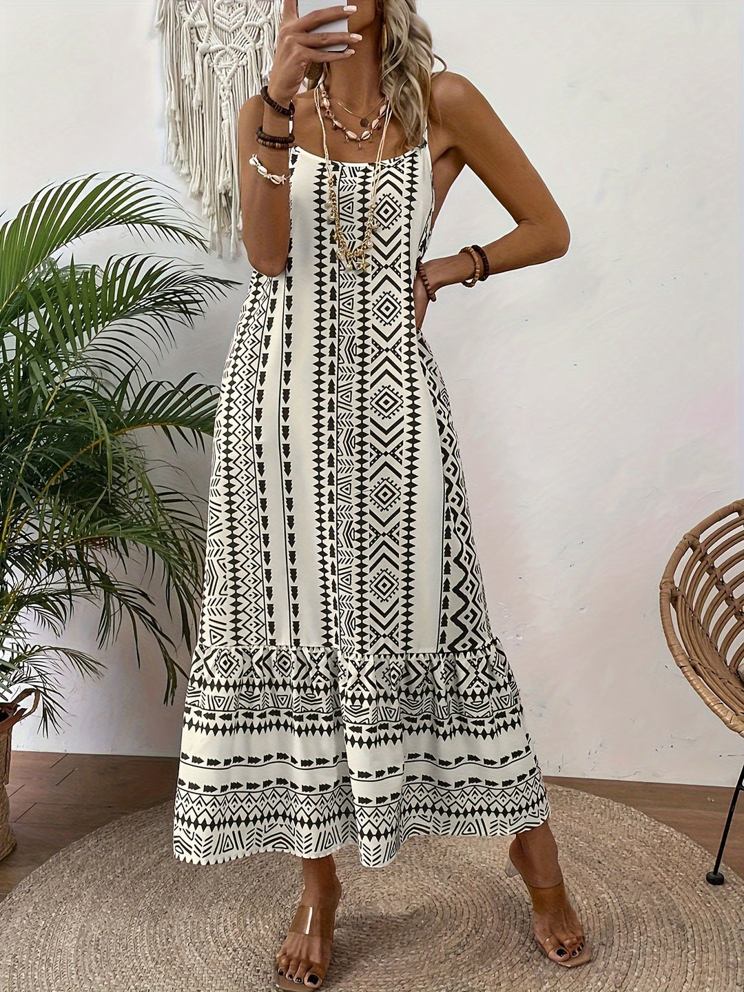 Off White Spaghetti Strap Printed Dress