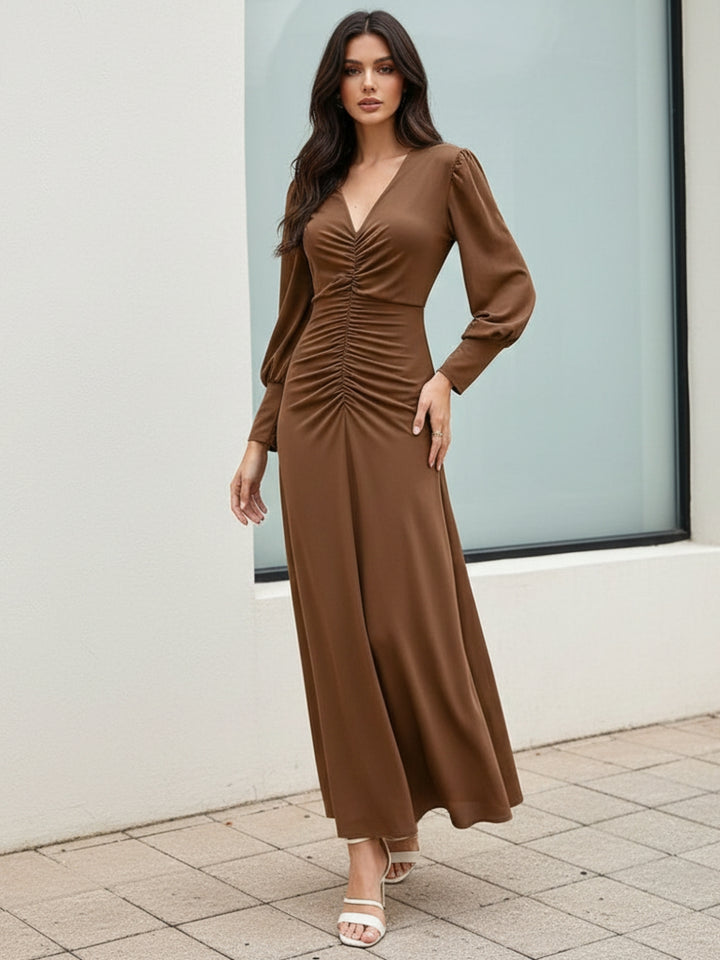 Brown Full Sleeve V Neck Front Ruched Dress