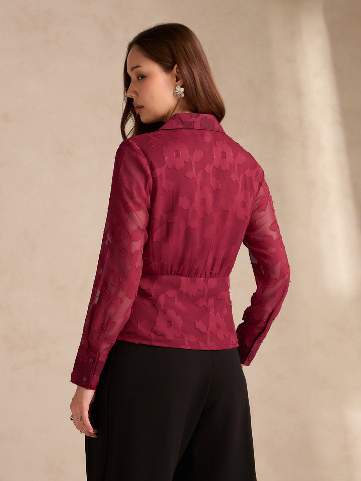 Red Regular Fit Long Sleeves Shirt In Jacquard Fabric