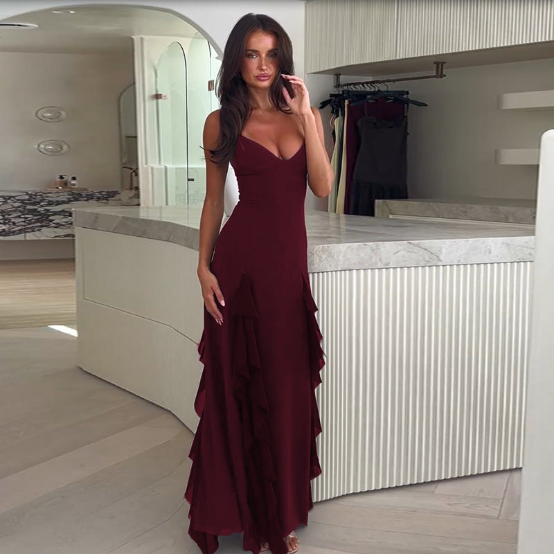 Wine Plunge V Neck Side Slit Dress