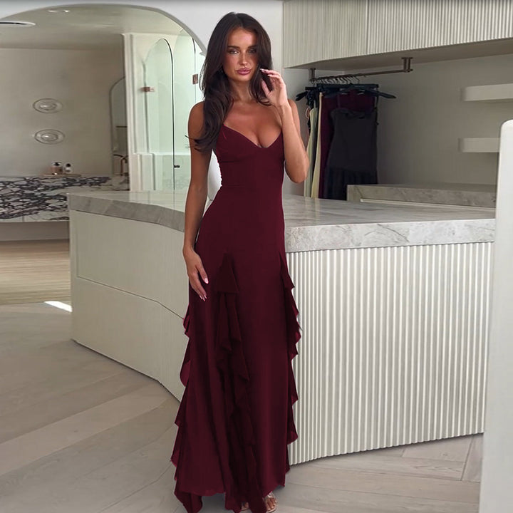 Wine Plunge V Neck Side Slit Dress