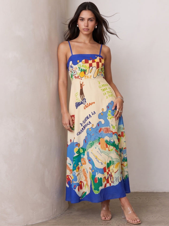 Blue Abstract Printed A-Line Dress