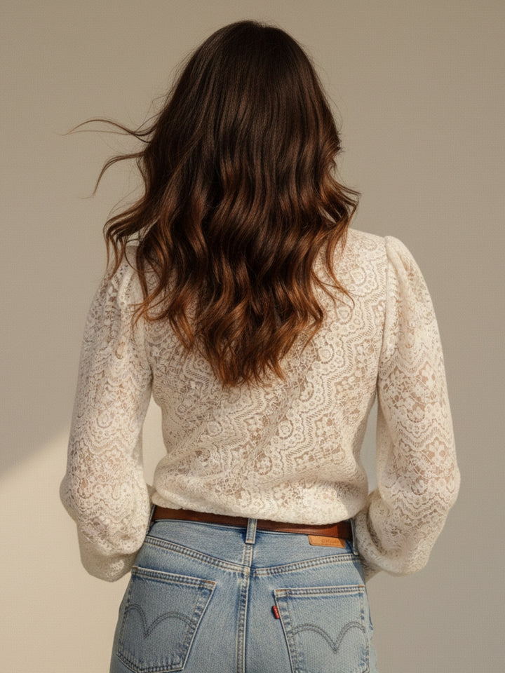Cream Sharp Scallop Hem Neck Lace Top
