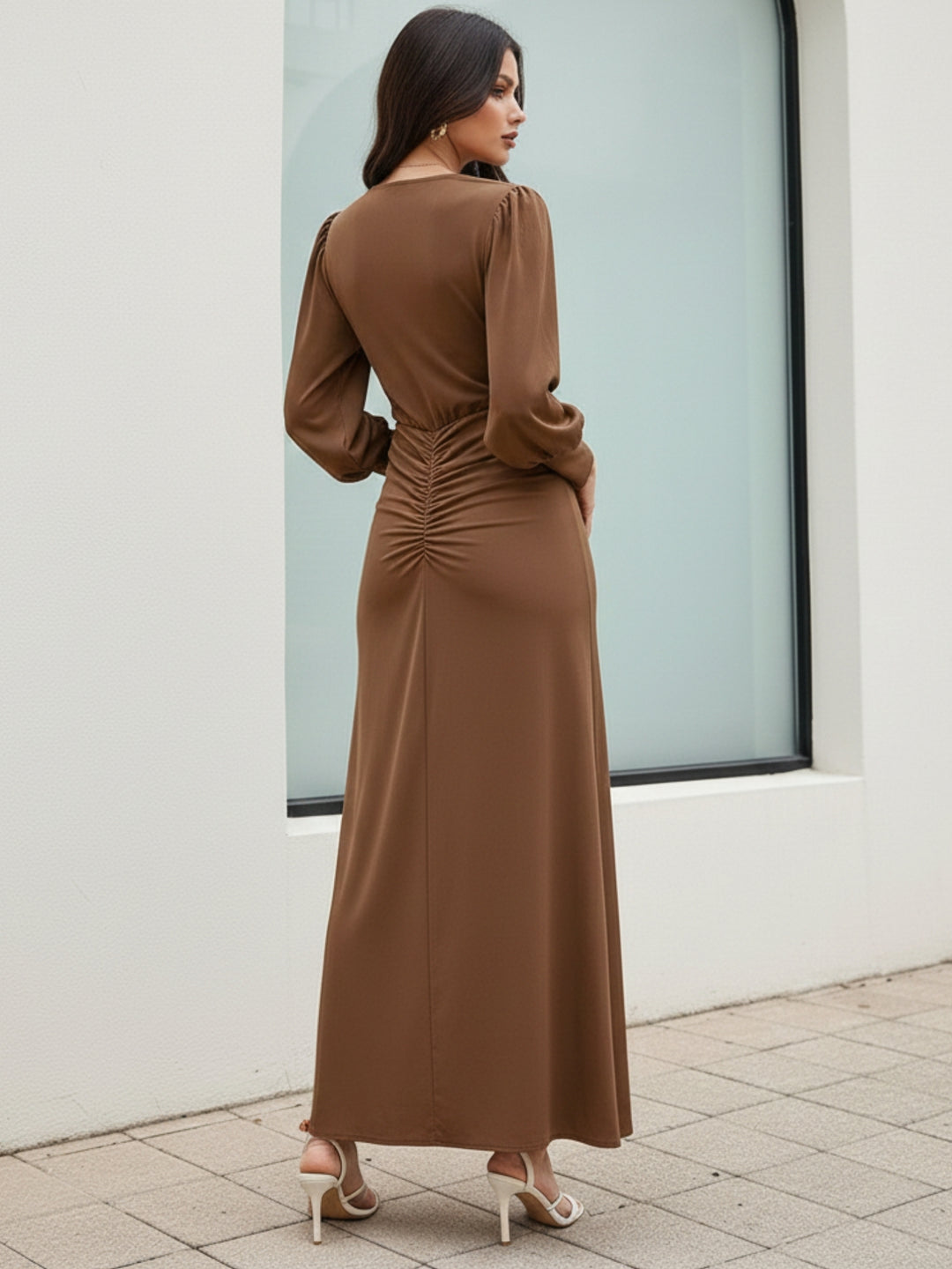 Brown Full Sleeve V Neck Front Ruched Dress