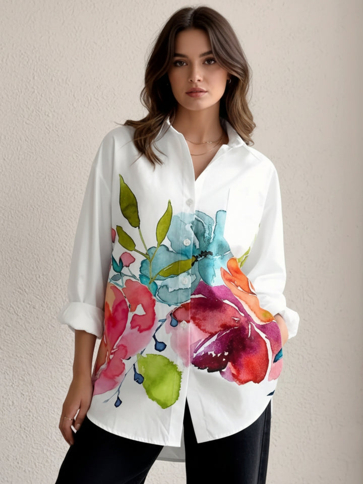 White Large Floral Printed Oversized Shirt
