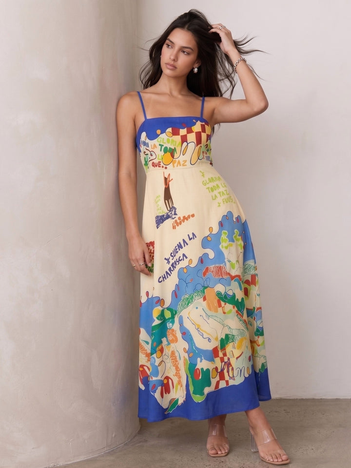 Blue Abstract Printed A-Line Dress