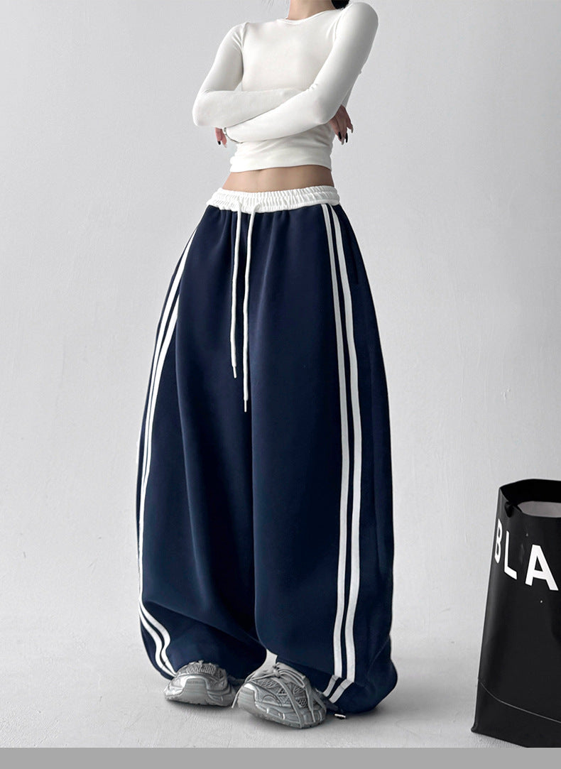 Navy Blue High Waist Contrast Band Baggy Pant