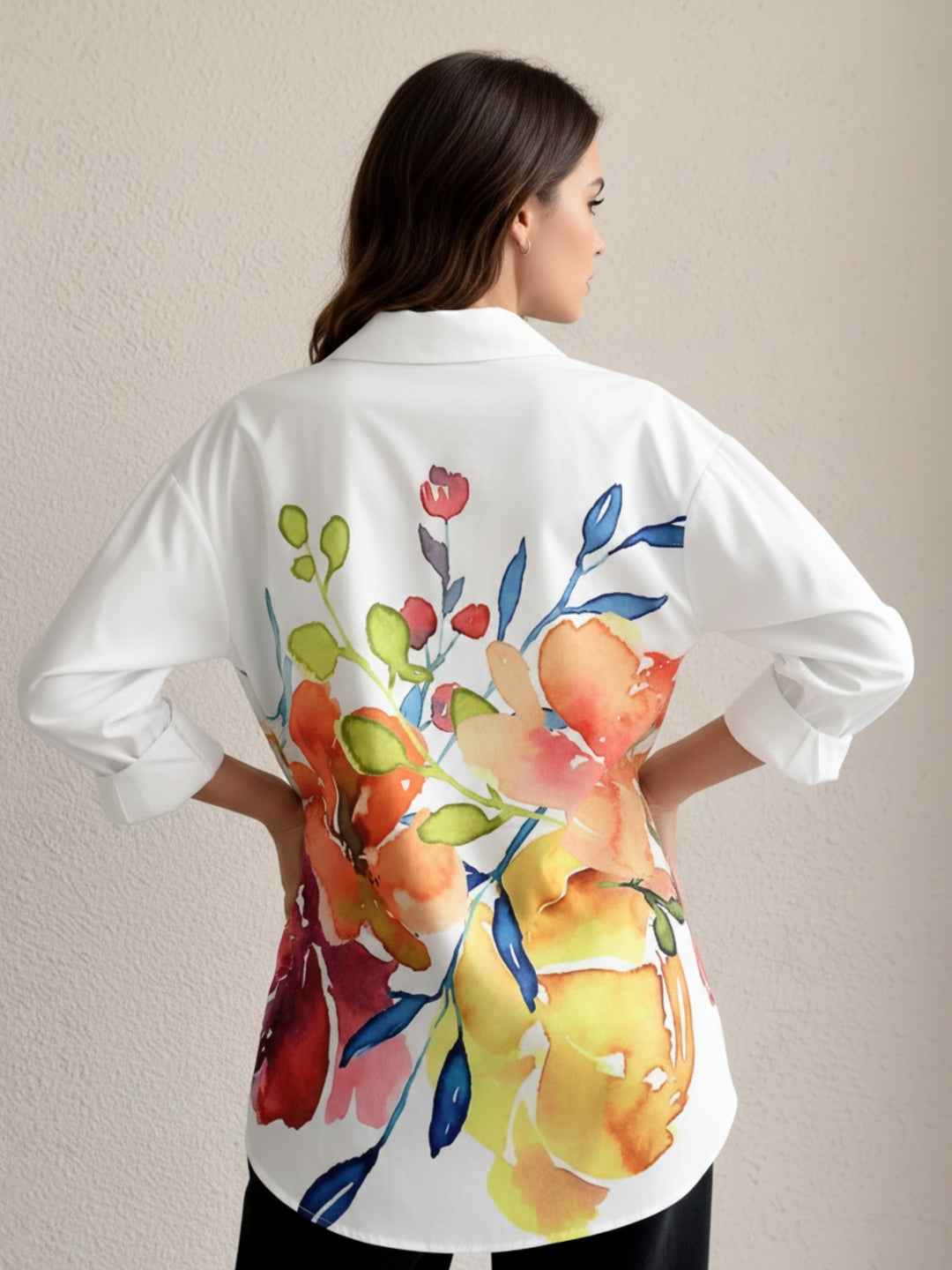 White Large Floral Printed Oversized Shirt