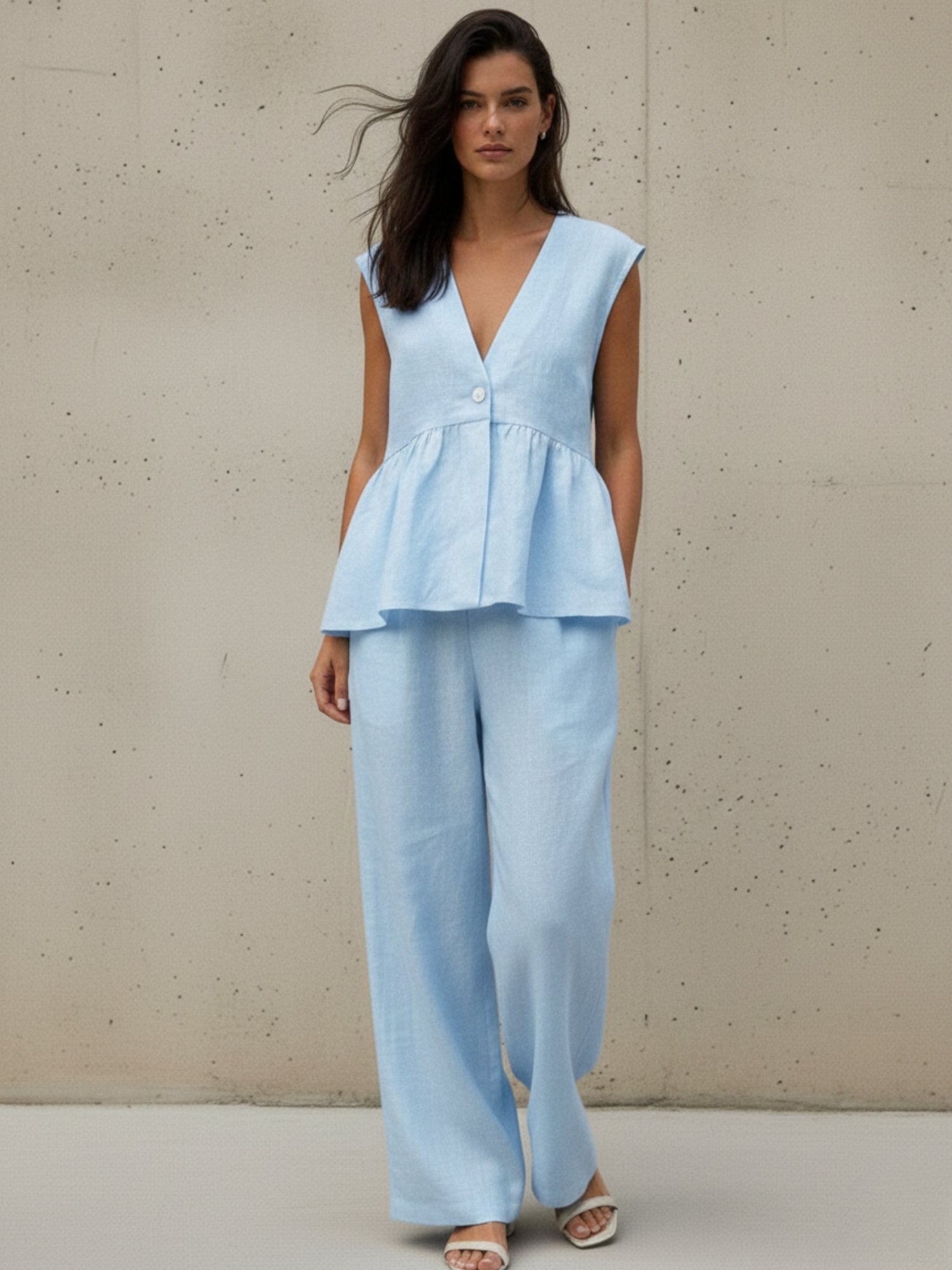 Blue Sleeveless V Neck Top And Pant Set
