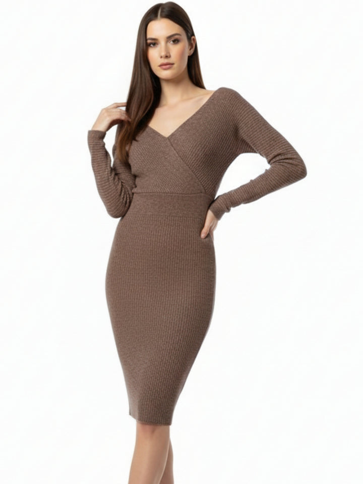 Brown V- Neck Fitted Dress