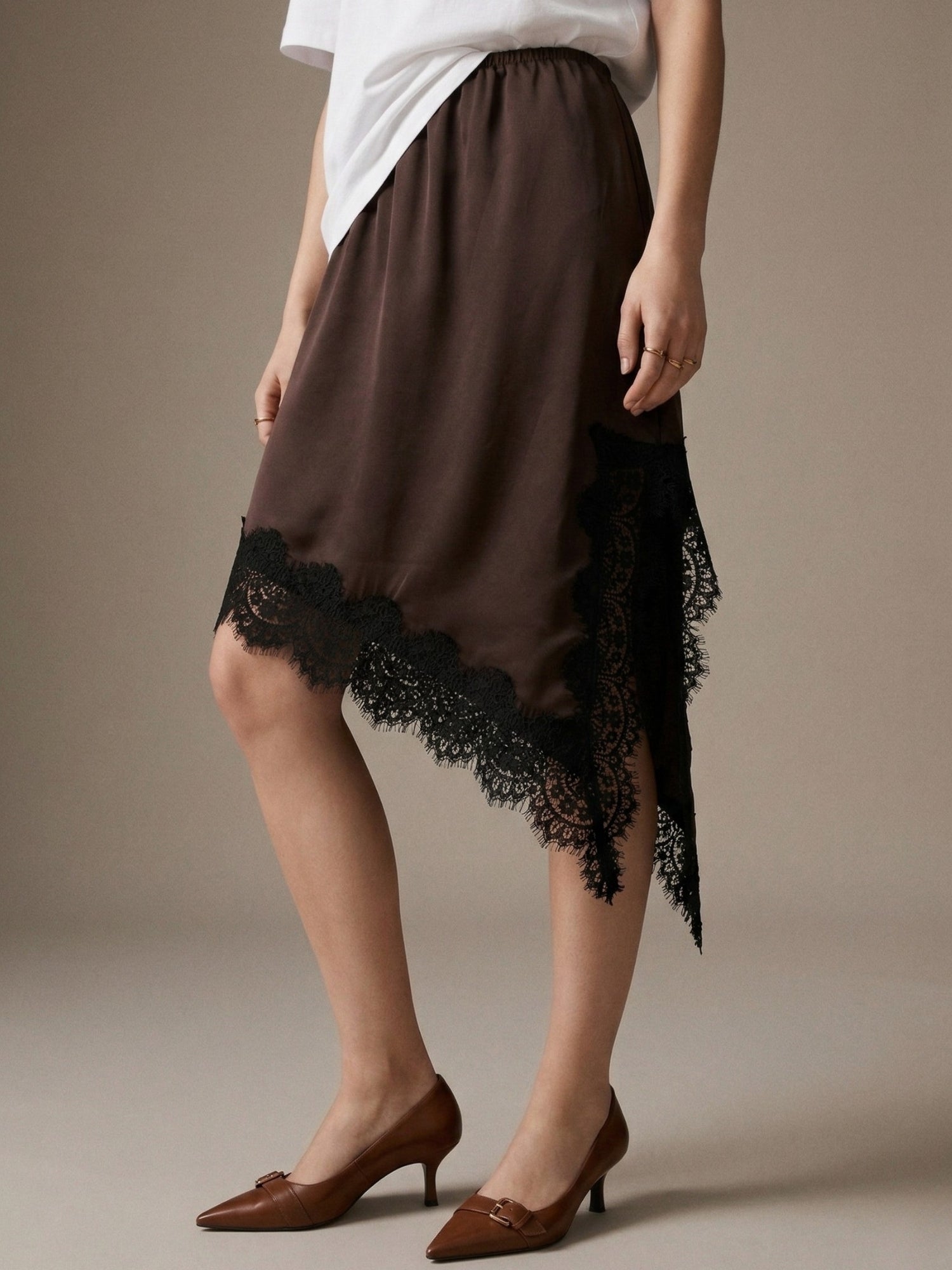 Brown Asymmetric Hem Skirt With Lace Inserts