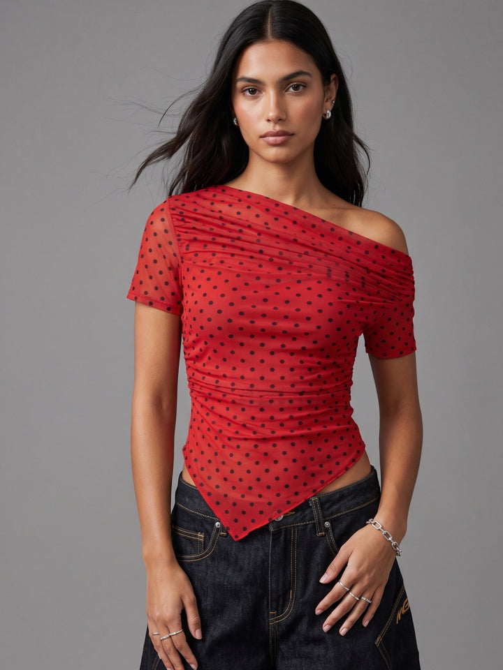 Red Asymmetrical Polka Dot Top