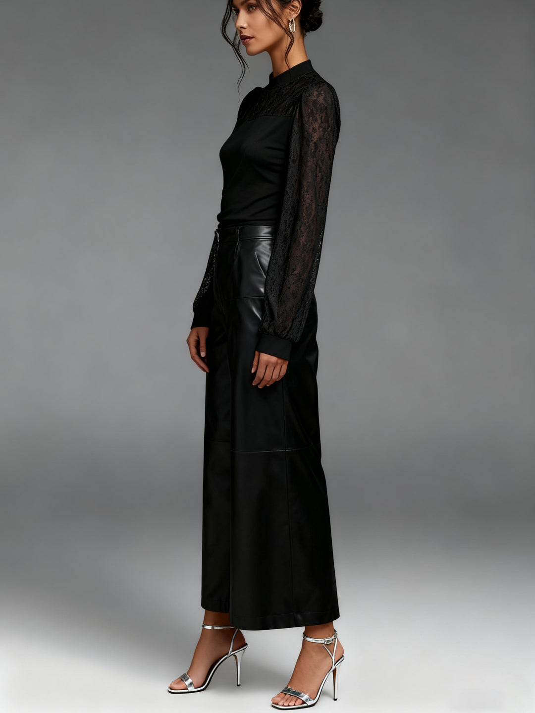 Black Full Sleeve Mock Neck Textured Top