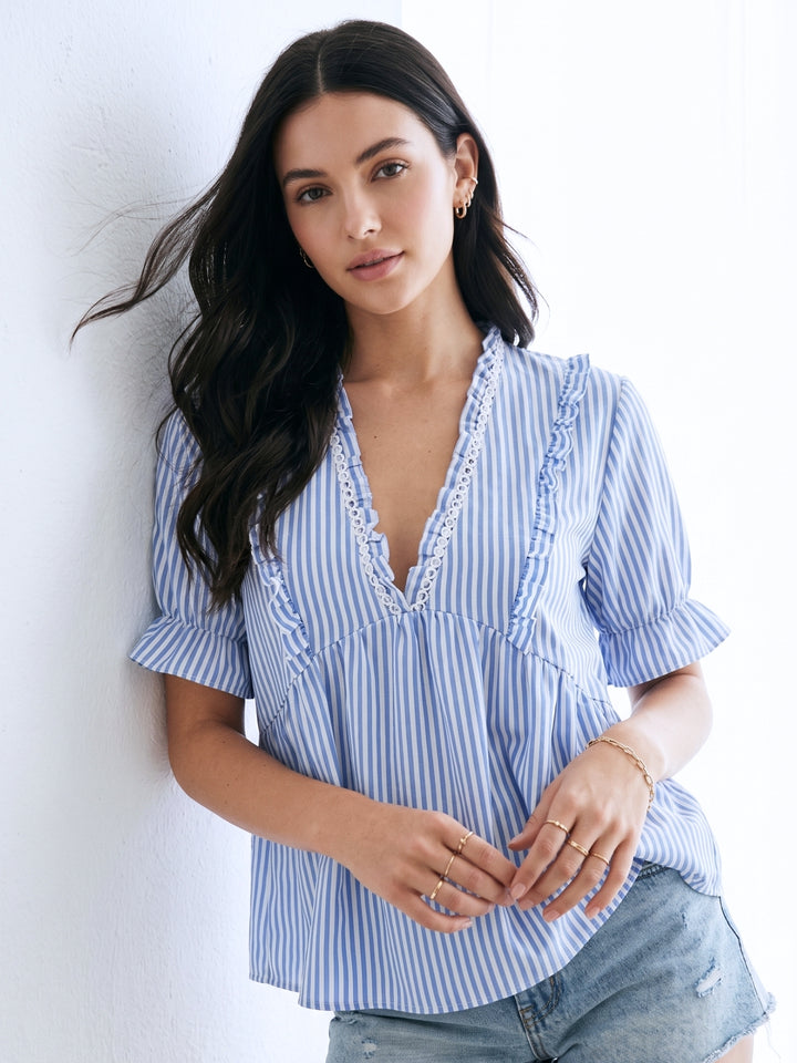Light Blue Ruffle Sleeve V Neck Top