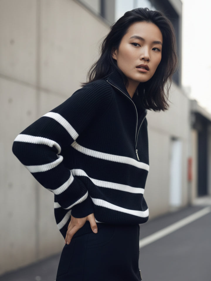 Black Full Sleeve Striped Half Zip Sweater