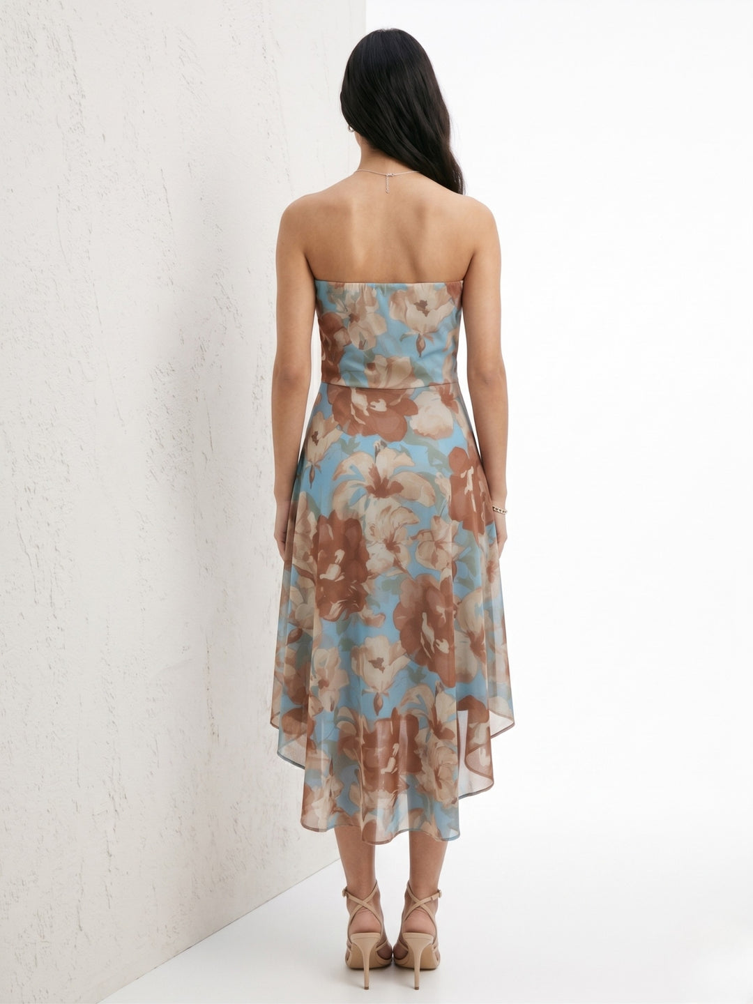Blue Tube Printed Mesh Mini Dress With Pearl Studs