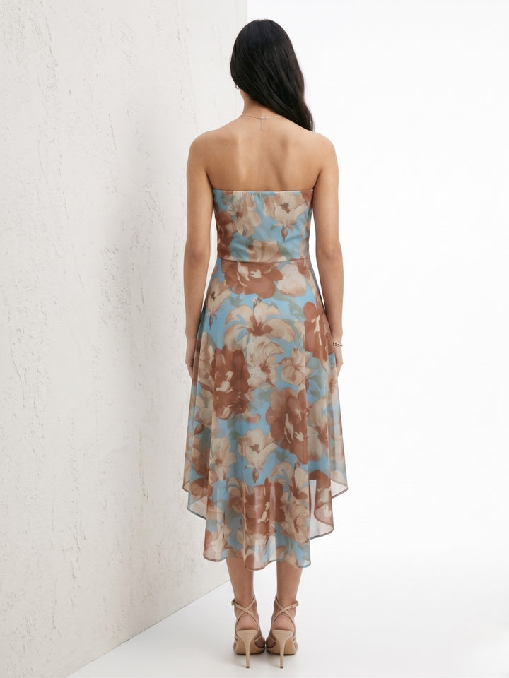 Blue Tube Printed Mesh Mini Dress With Pearl Studs