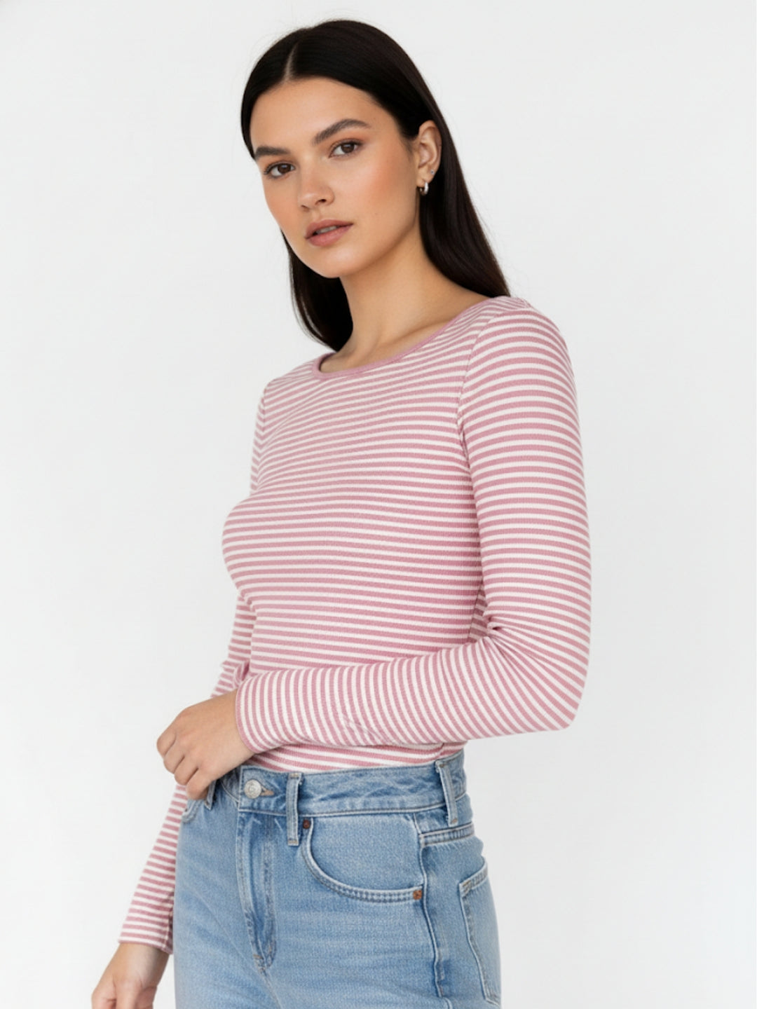 Pink Boat Neck Fitted Striped Top