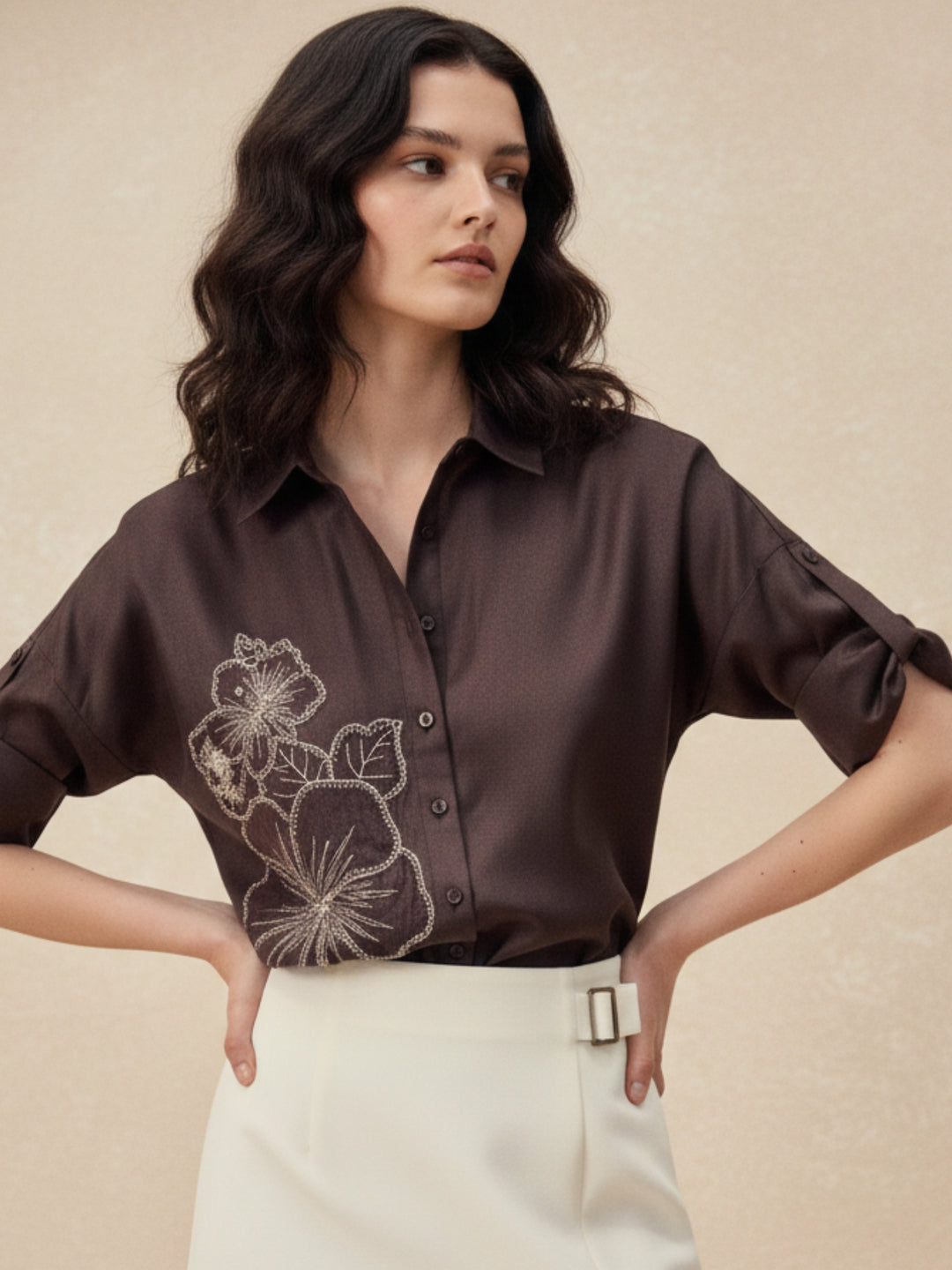 Brown Floral Embroidered Applique Shirt