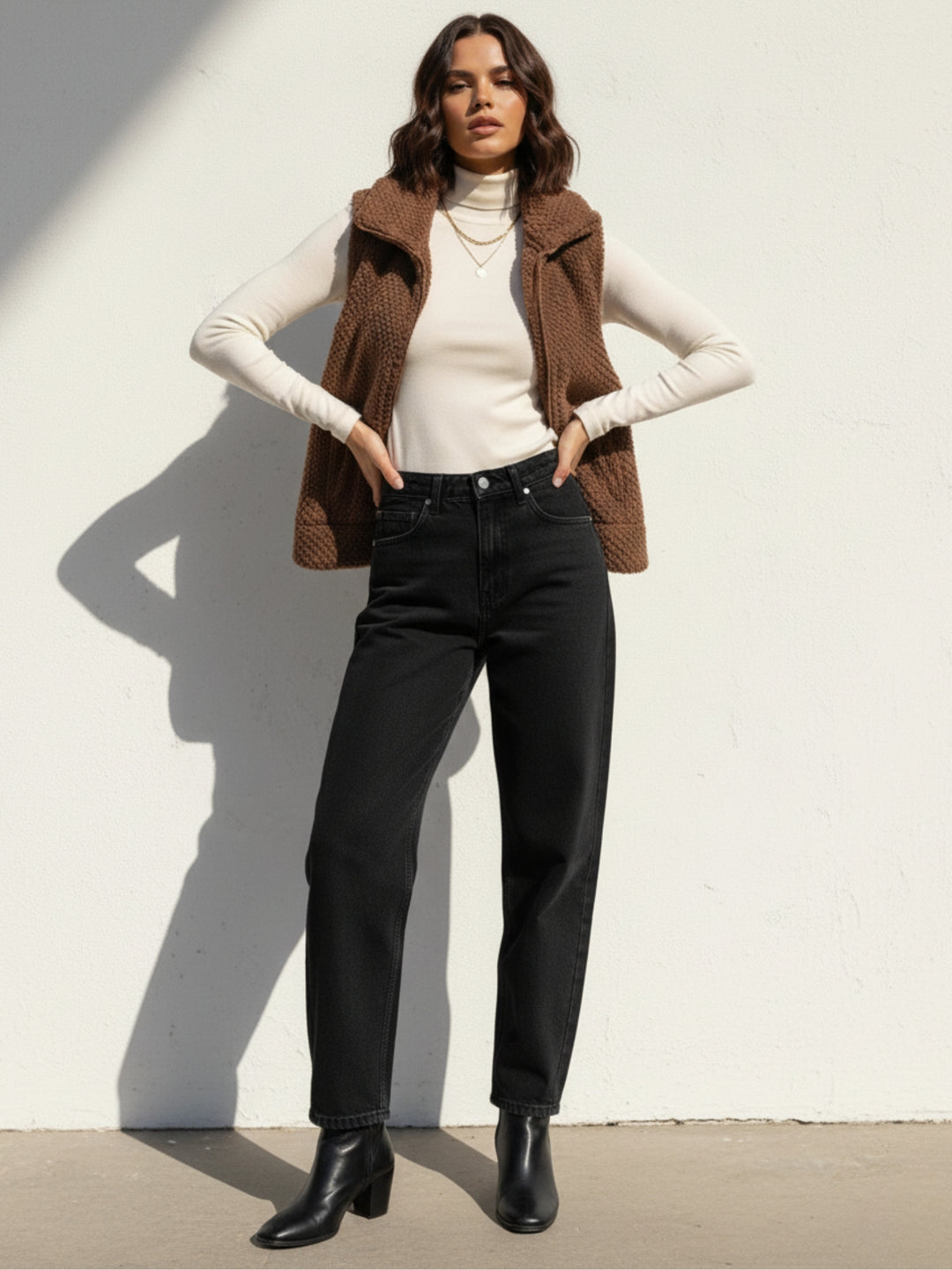 Brown Sleeveless Zip Front Textured Jacket