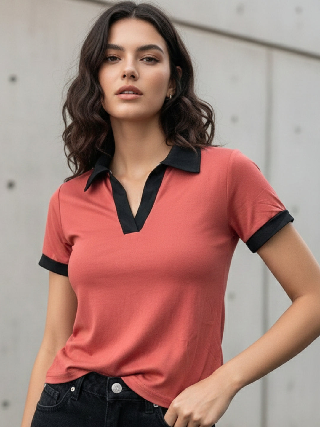 Rust Contrast Binding Knit Top