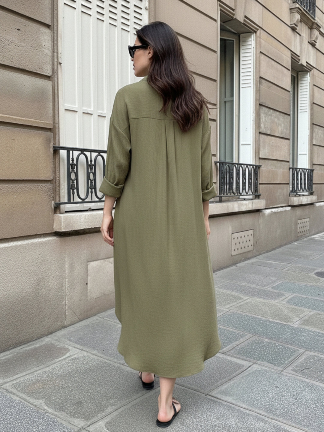 Olive Longline Button Down Shirt Dress