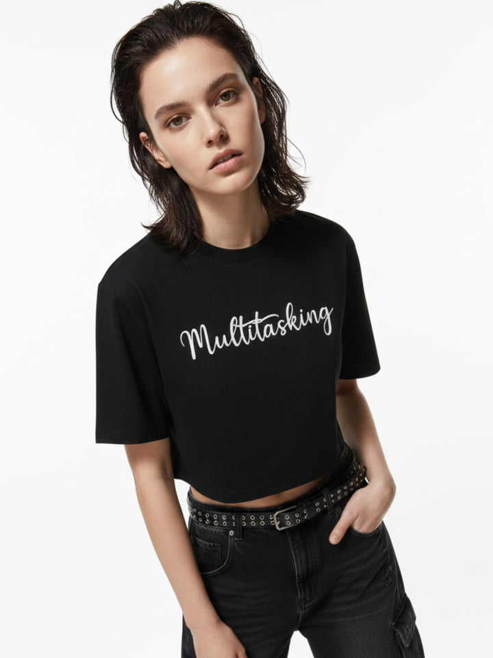 Black Cropped Boxy Foil Printed T-Shirt