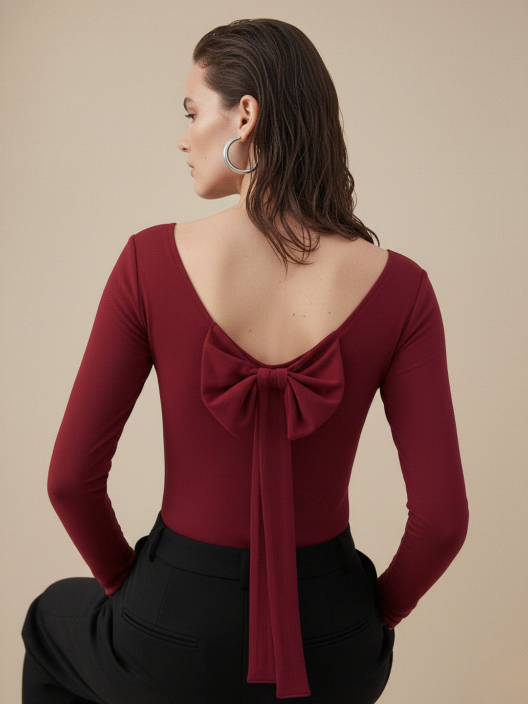 Red Back Scoop Neck With Bow Detail Top