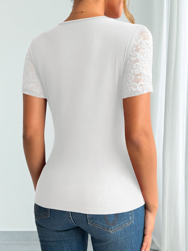 White Short Sleeve Scallop Neckline Top