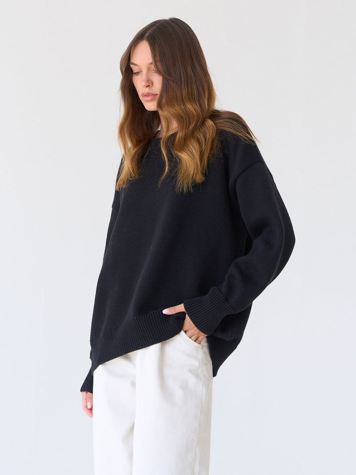 Black Relaxed High Neck Solid Sweater