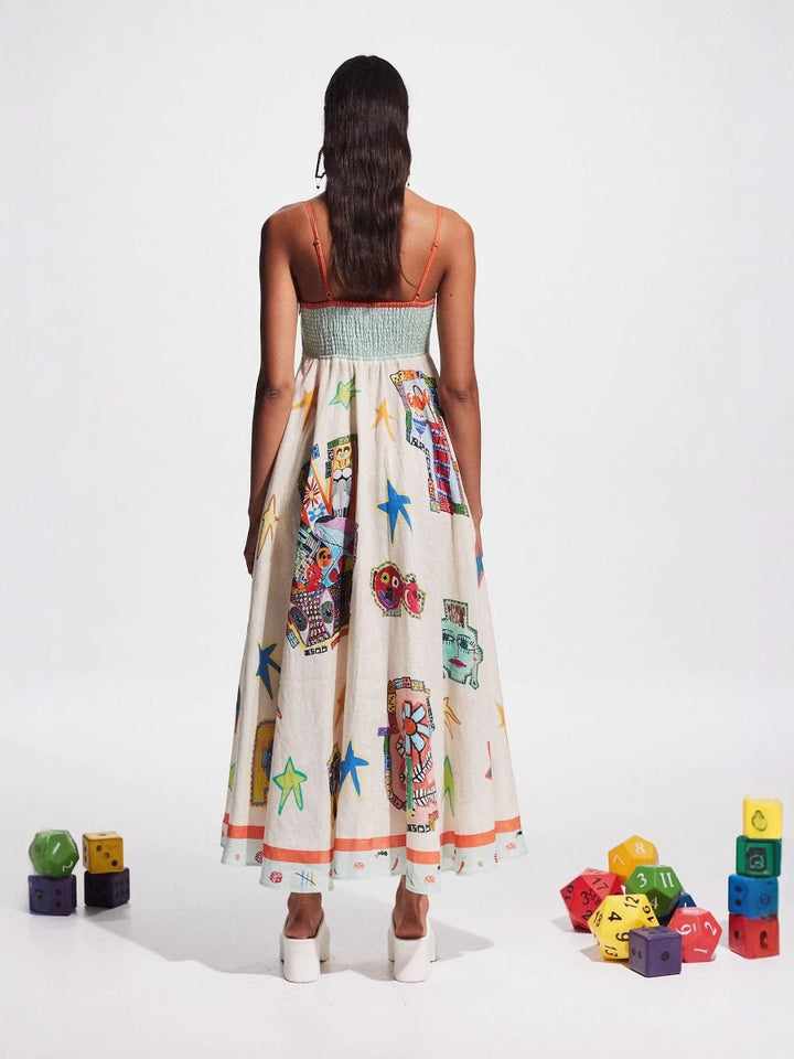 White Abstract Print Fit And Flare Maxi Dress