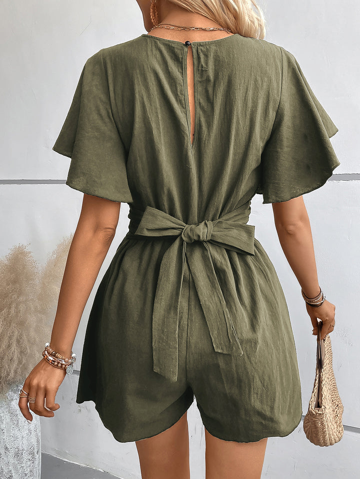 Olive Knot Detail Romper With Flared Sleeve