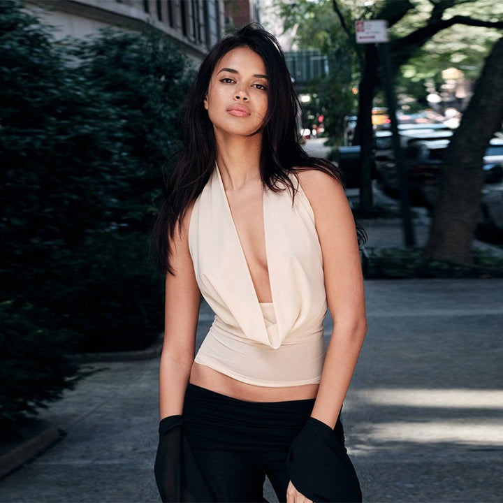 Cream Cowl Neck Halter Top