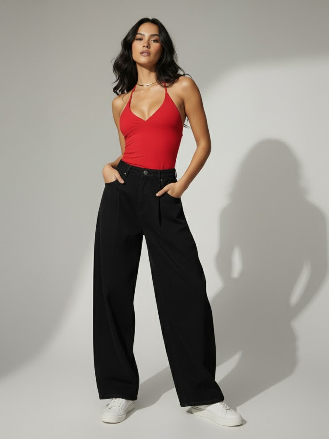 Red Plunge Cropped Halter Top