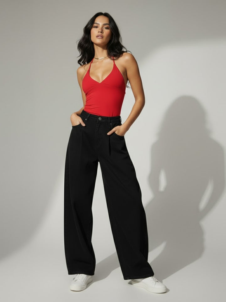 Red Plunge Cropped Halter Top