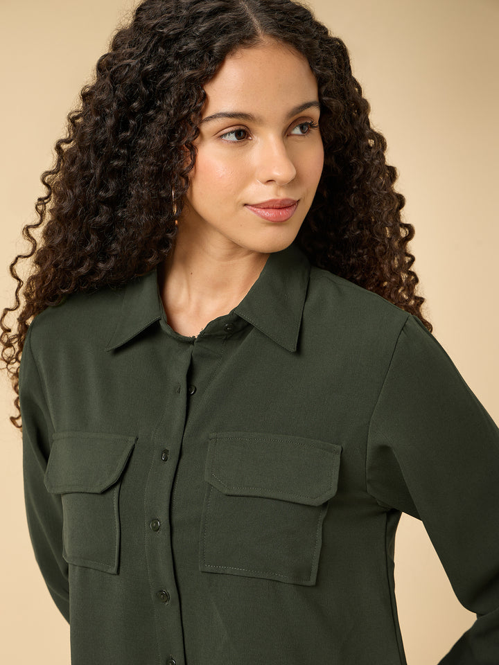 Green Relaxed Fit Shirt With Pocket Details