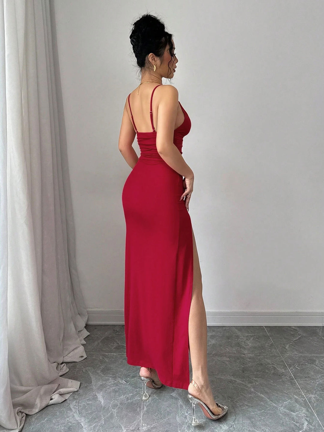 Red Shoulder Strap Slit Dress