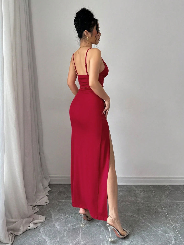 Red Shoulder Strap Slit Dress