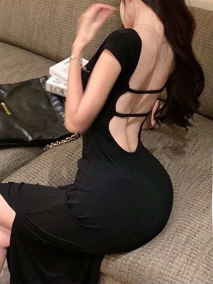 Black Deep Back Solid Slit Dress