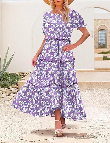 Purple Scoop Round Neck Printed Tiered Dress