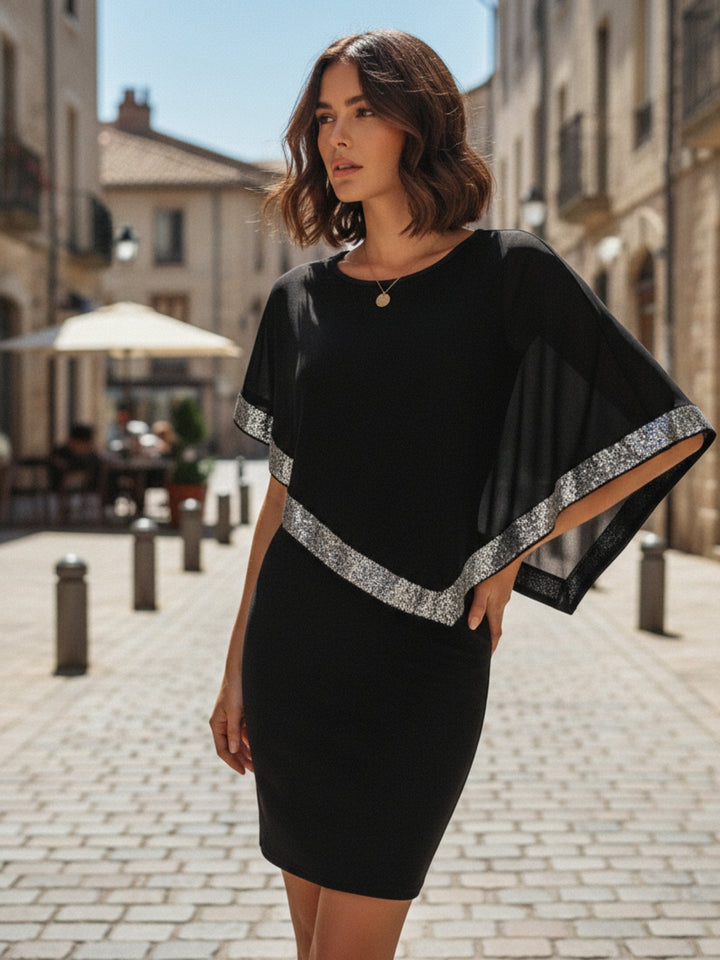 Black Cape Styled Sequined Border Dress