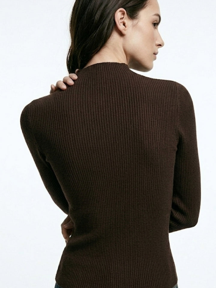 Brown Full Sleeve Neck Cut-Out Detail Top