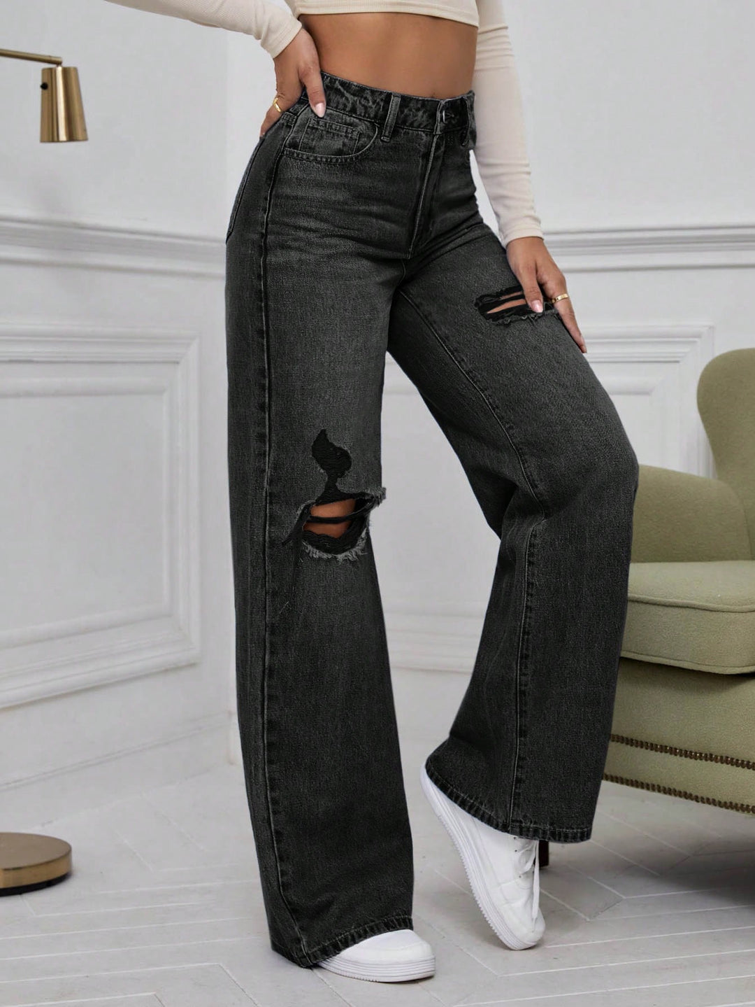 Black Knee And Thigh Distressed Baggy Jeans