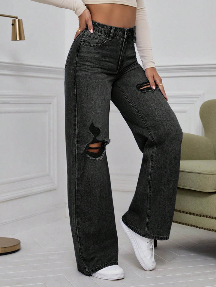 Black Knee And Thigh Distressed Baggy Jeans