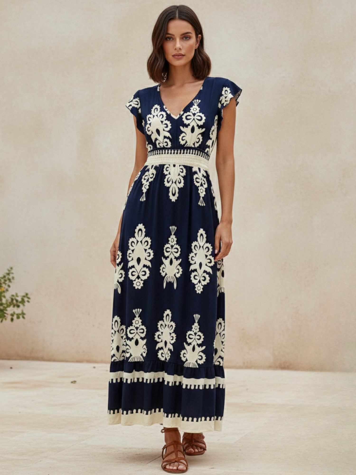 Blue Short Sleeve V Neck Printed Flared Dress