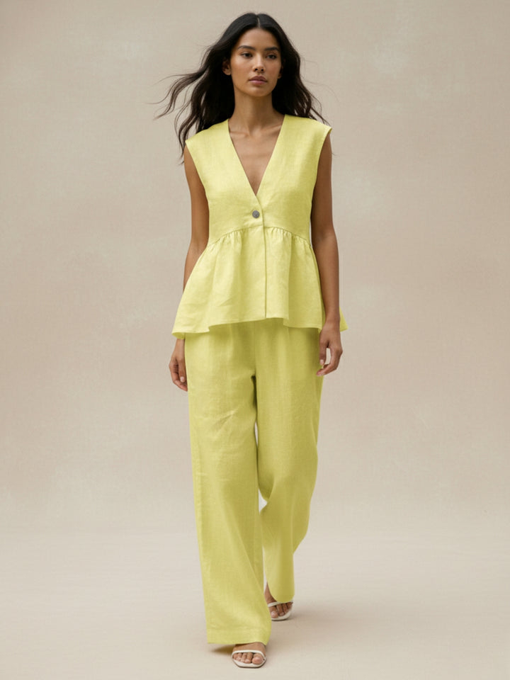 Yellow Sleeveless V Neck Top And Pant Set