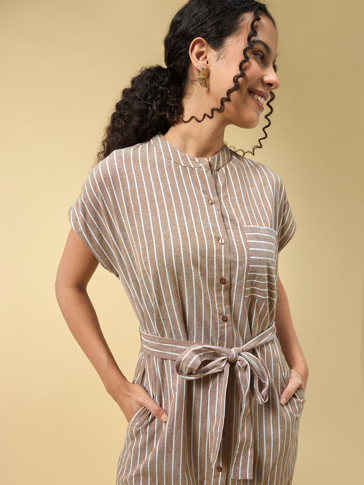 Beige Shirt Dress With Side Slits