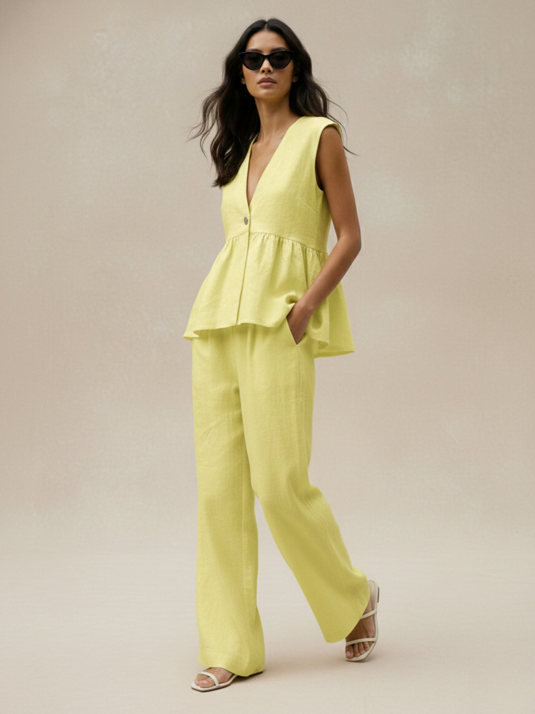 Yellow Sleeveless V Neck Top And Pant Set