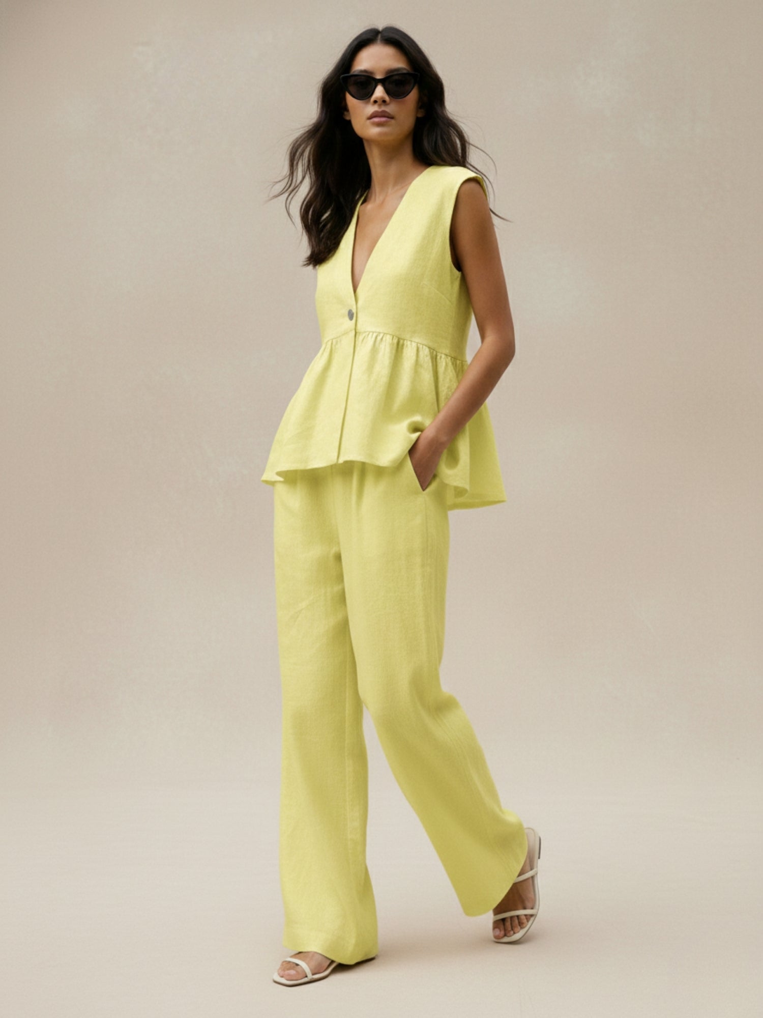 Yellow Sleeveless V Neck Top And Pant Set