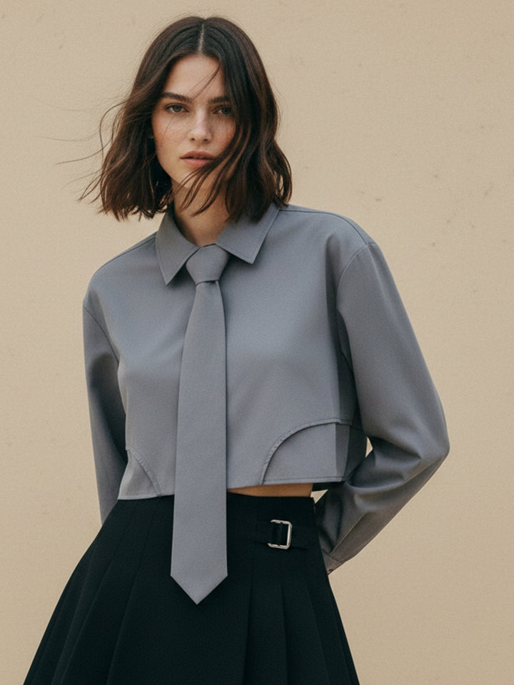 Grey Full Sleeve Crop Length Shirt With Tie